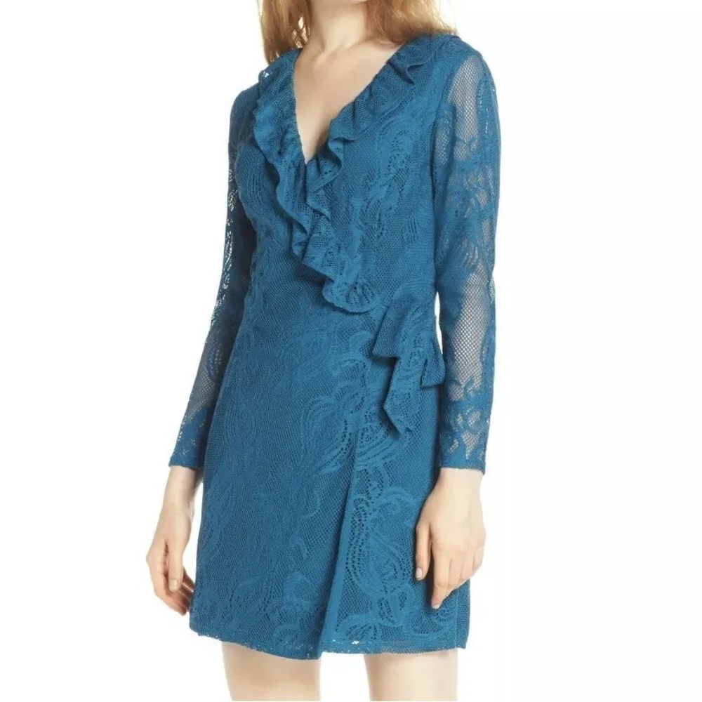 LILLY PULITZER: Tiki Wrap Ruffle Romper; Inky Tidal Jelly Fish Crochet, Small